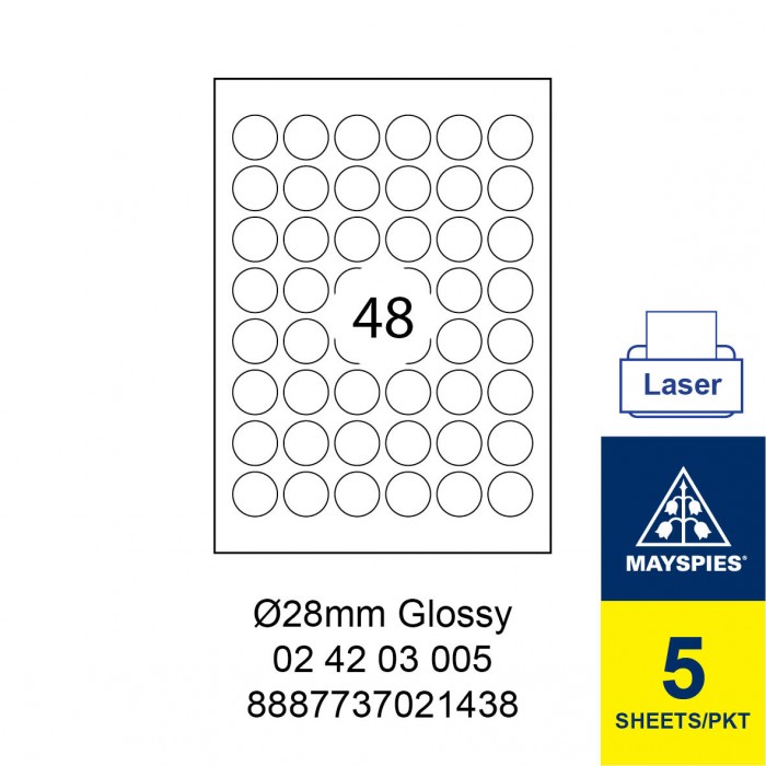 MAYSPIES 02 42 03 005 PREMIUM COLOR LASER LABEL / 5 SHEETS/PKT WHITE GLOSSY 28MM ROUND